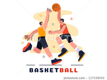 Happy Young Man Playing Basketball Vector Illustration Wearing a Basketball Uniform on an Court for Tournament in a Flat Style Design Background 117339543