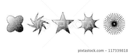 Halftone grain stars set. Dotted grunge star shape collection. Y2K bitmap gradient elements bundle. Pixel comic burst and sparkle elements for graphic design, poster, banner. Vector pack 117339818