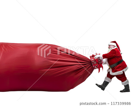 Santa Claus Dragging Huge Sack of Gifts PNG Transparency 117339986