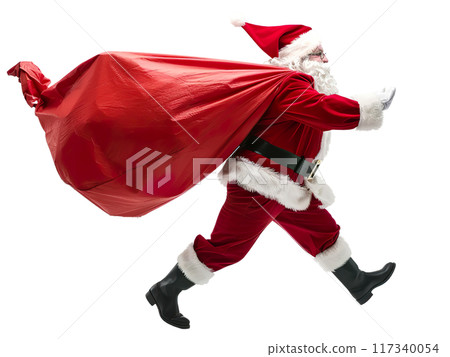 Running Santa Claus with Big Red Sack PNG Transparency 117340054