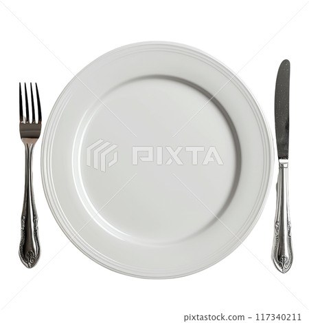 Empty White Plate with Fork and Knife PNG Transparency Empty White Plate with Fork and Knife PNG Transparency 117340211