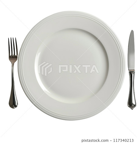 Empty White Plate with Fork and Knife PNG Transparency Empty White Plate with Fork and Knife PNG Transparency 117340213