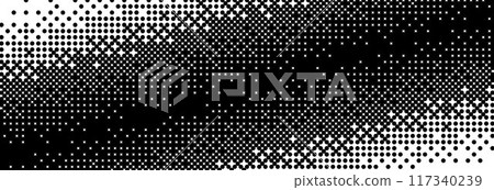 Diagonal bitmap gradient texture. Black and white slanted dithering background. Abstract pixel oblique glitchy pattern. 8 bit retro video game screen wallpaper. Fading pixel halftone backdrop. Vector 117340239