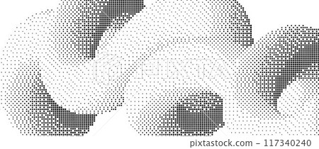 Black pixelated gradient undulate shape. Dotted dither texture background. Fluid curvy form for banner, poster, leaflet, brochure. Abstract rasterized squiggle overlay wallpaper. Vector comic backdrop 117340240