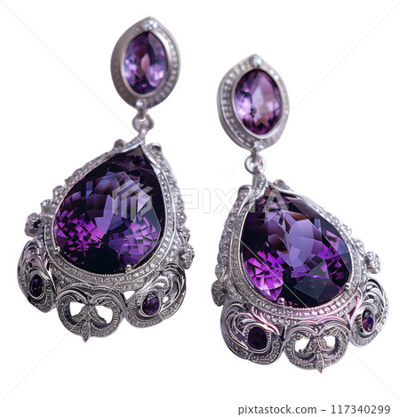 Luxurious Purple Gemstone Earrings with Intricate Silver Gold Settings PNG Transparency Luxurious Purple Gemstone Earrings with Intricate Silver Gold Settings PNG Transparency 117340299