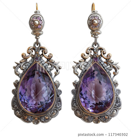 Luxurious Purple Gemstone Earrings with Intricate Silver Gold Settings PNG Transparency 117340302