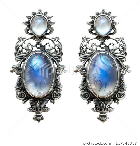 Antique Moonstone Earrings with Ornate Designs PNG Transparency Antique Moonstone Earrings with Ornate Designs PNG Transparency 117340318