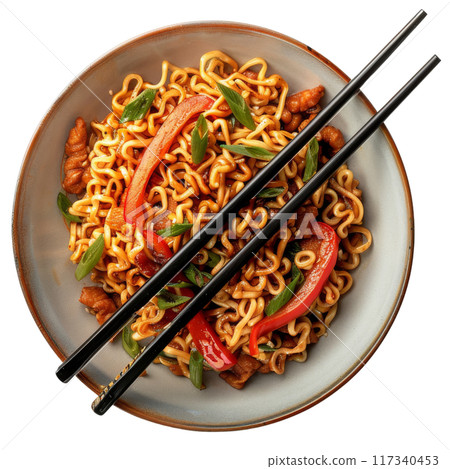 Spicy Asian Noodles with Vegetables and Basil PNG Transparency 117340453