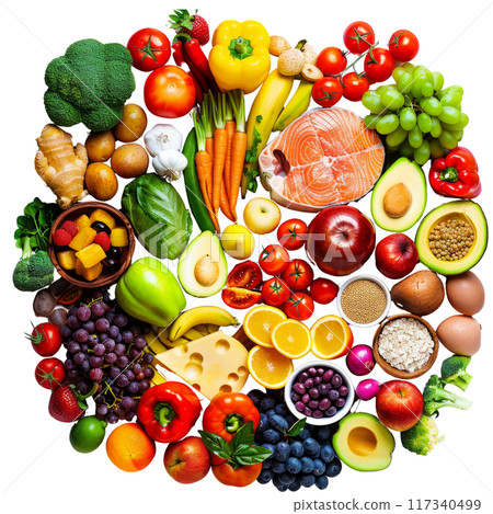 Assorted Healthy Foods Vegetables Fruits and Fish PNG Transparency 117340499