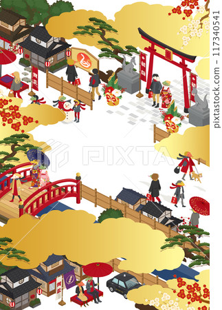 New Year's card template for 2025, Year of the Snake, with a Japanese-style townscape and a snake (vector illustration) New Year's card template for 2025, Year of the Snake, with a Japanese-style townscape and a snake (vector illustration) 117340541