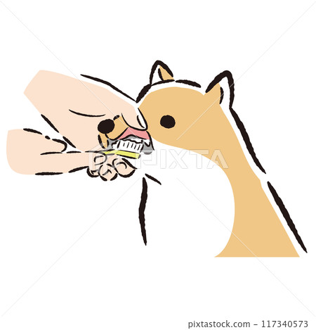 Hand drawn illustration of a dog brushing its teeth 117340573