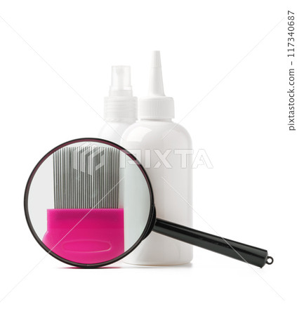 Cosmetic products, lice comb and magnifying glass isolated on white Cosmetic products, lice comb and magnifying glass isolated on white 117340687