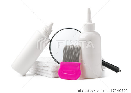Cosmetic products, lice comb and magnifying glass isolated on white Cosmetic products, lice comb and magnifying glass isolated on white 117340701