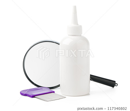 Medicine, lice comb and magnifying glass isolated on white Medicine, lice comb and magnifying glass isolated on white 117340802