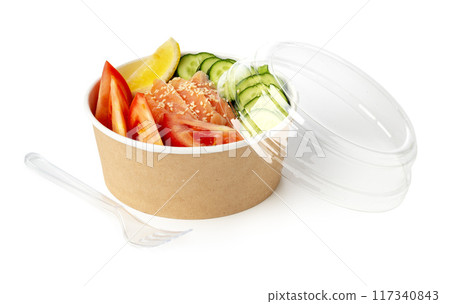 Take out poke bowl isolated on white background 117340843