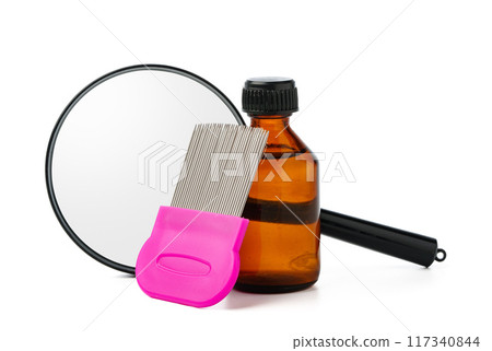 Medicine, lice comb and magnifying glass isolated on white Medicine, lice comb and magnifying glass isolated on white 117340844