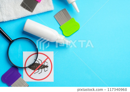 Anti lice equipment on blue background top view Anti lice equipment on blue background top view 117340968