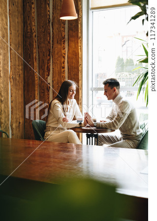 Casual Business Meeting Between Colleagues at a Cozy Cafe During Daytime 117341289