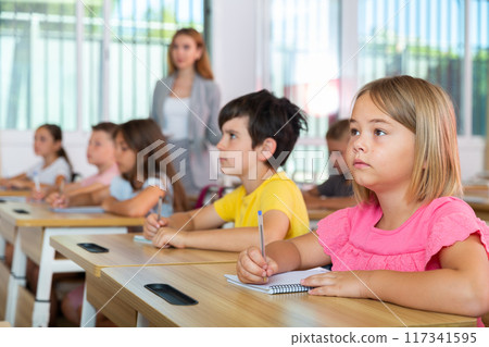 Diligent preteen schoolgirl making notes of teacher lecture 117341595