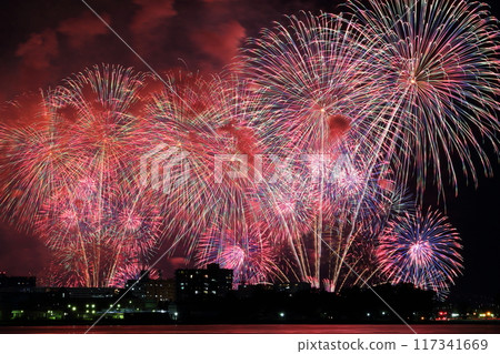 City lights of Otsu and fireworks over Lake Biwa City lights of Otsu and fireworks over Lake Biwa 117341669