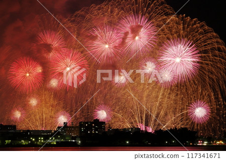 City lights of Otsu and fireworks over Lake Biwa 117341671