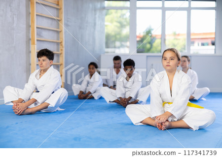 Group of children practicing butterfly pose in studio Group of children practicing butterfly pose in studio 117341739