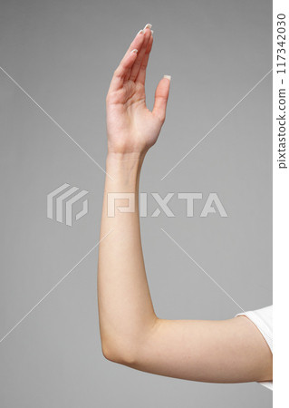 Female hand gesturing sign against gray background 117342030
