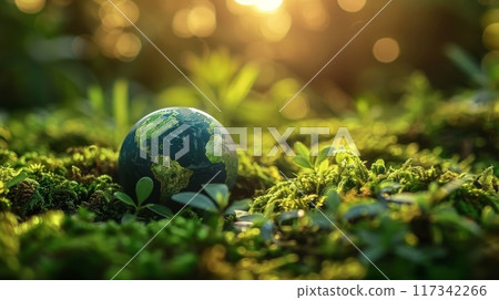 Earth Globe in a Lush Forest Setting Earth Globe in a Lush Forest Setting 117342266
