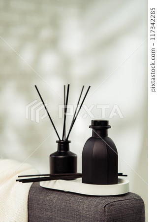 Aroma diffuser bottle with sticks in living room Aroma diffuser bottle with sticks in living room 117342285