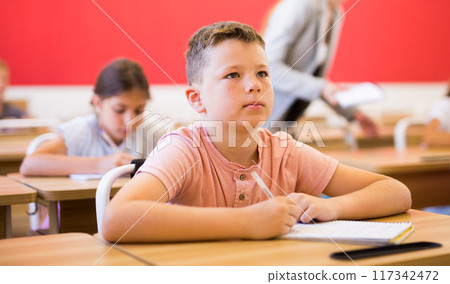 Schoolboy sitting in classroom during lesson in elementary school Schoolboy sitting in classroom during lesson in elementary school 117342472