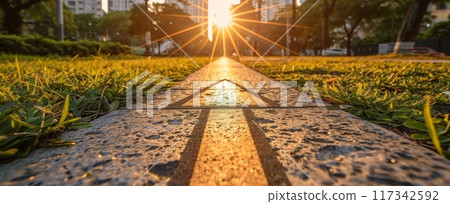 Pathway through Park Leading to City Skyline at Sunrise 117342592