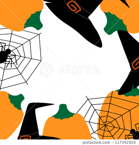 Halloween frame border with witch hats, cobweb, spiders and pumpkins in trendy holiday hues Isolated 117342928