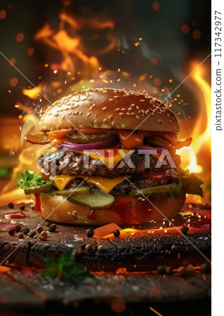 Flaming Grilled Burger with Bacon Cheese and Pickles 117342977