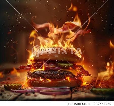 Flaming Grilled Burger with Bacon Cheese and Pickles 117342979