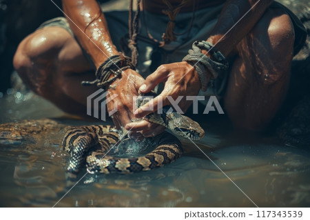 Man's Feet and Camouflaged Snake in Wet Environment Man's Feet and Camouflaged Snake in Wet Environment 117343539
