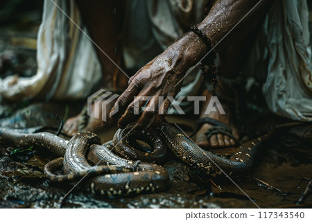 Man's Feet and Camouflaged Snake in Wet Environment Man's Feet and Camouflaged Snake in Wet Environment 117343540