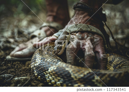 Man's Feet and Camouflaged Snake in Wet Environment Man's Feet and Camouflaged Snake in Wet Environment 117343541
