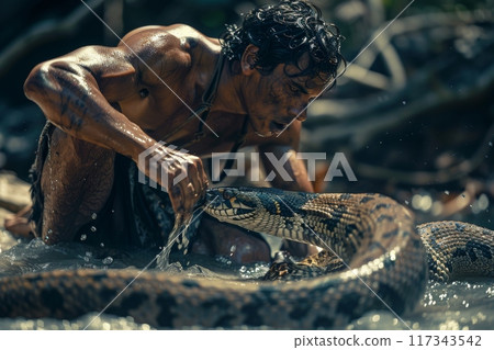 Man's Feet and Camouflaged Snake in Wet Environment Man's Feet and Camouflaged Snake in Wet Environment 117343542