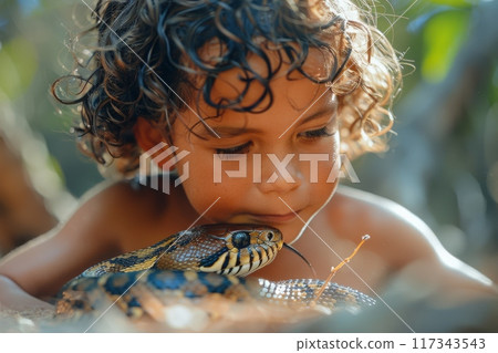 Man's Feet and Camouflaged Snake in Wet Environment 117343543