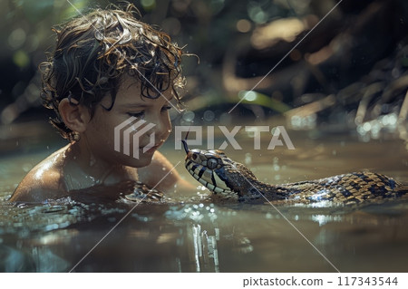 Man's Feet and Camouflaged Snake in Wet Environment Man's Feet and Camouflaged Snake in Wet Environment 117343544
