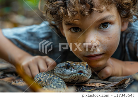 Man's Feet and Camouflaged Snake in Wet Environment 117343545