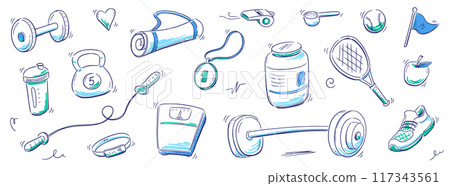 Sport gym sketch icon set. Hand drawn sketch doodle healthy sport, gym fit exercise equipment icon.Doodle hand drawn tennis ball, bottle, dumbbell fit equipment. Vector Sport gym sketch icon set. Hand drawn sketch doodle healthy sport, gym fit exercise equipment icon.Doodle hand drawn tennis ball, bottle, dumbbell fit equipment. Vector 117343561