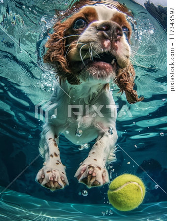 Cavalier Dog Swimming Underwater Chasing Tennis Ball 117343592