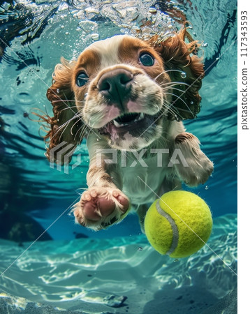 Cavalier Dog Swimming Underwater Chasing Tennis Ball 117343593
