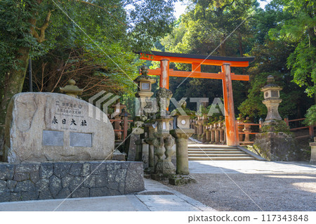 奈良公園、春日大社參道、二之鳥居、世界遺產紀念碑 奈良公園、春日大社參道、二之鳥居、世界遺產紀念碑 117343848