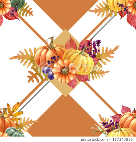 Autumn mood decor seamless pattern. Vintage style painted illustration. Autumn season flowers, pumpkins, fallen leaves, fruit, geometric elements. Thanksgiving seamless pattern on white background Autumn mood decor seamless pattern. Vintage style painted illustration. Autumn season flowers, pumpkins, fallen leaves, fruit, geometric elements. Thanksgiving seamless pattern on white background 117343856