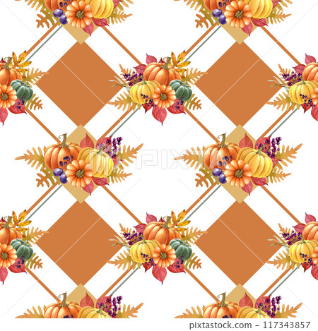 Thanksgiving decor seamless pattern. Watercolor vintage style illustration. Autumn floral festive elements with pumpkin, fallen leaves, geometric forms and lines. Thanksgiving decor white background 117343857