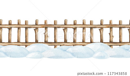 Winter season countryside wooden fence with snow piles seamless border. Watercolor illustration. Hand drawn fence with snowy piles endless border countryside landscape element on white background 117343858