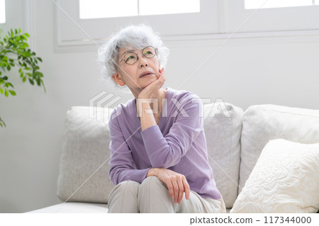 坐在沙發上的老年婦女 117344000