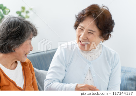 Smiling senior woman chatting Smiling senior woman chatting 117344157